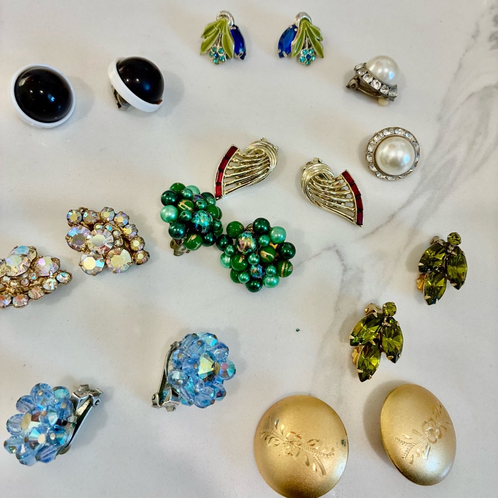 Vintage Clip-On Earrings Lot (9 Pairs) Rhinestone,Ornate,Gold Statement Retro